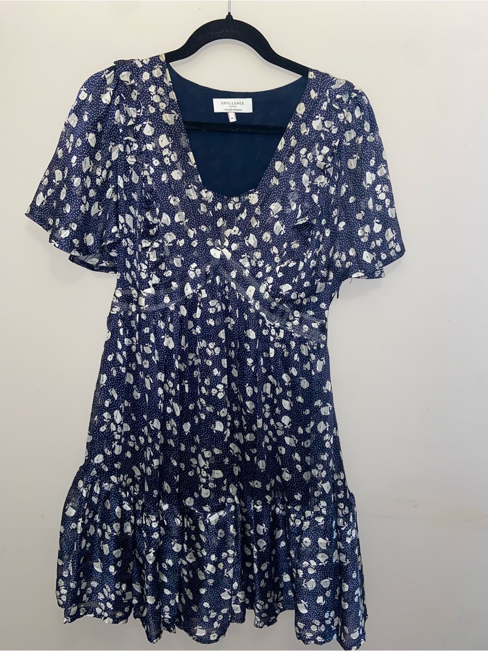 Navy Blue Floral Ruffle Opullence Dress Medium